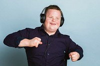 Cool young man with Down Syndrome listening to a sport podcast