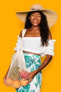 Beautiful woman using a net bag when buying fruits mockup 