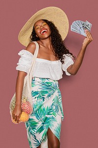 Happy woman spending money during her summer vacation mockup 