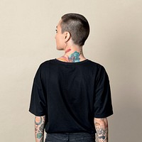 Model with tattoo in black T shirt mockup