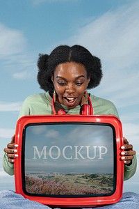 Woman with a red television mockup