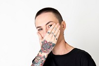 Skinhead tattooed model in black T shirt