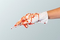 Doctor bloody hand in a glove holding a scalpel mockup