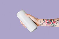 Hand holding a white aluminum can mockup
