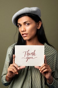 Transgender woman showing a thank you card mockup