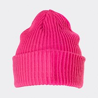 Hot pink beanie on a blue background
