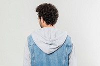 Rear view of man in a half denim hoodie jacket