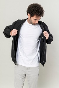 Man wearing black leather jacket mockup