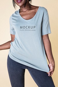 Woman wearing blue t-shirt mockup