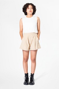 Woman mockup psd in tank top with shorts summer apparel