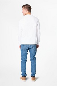 Long sleeve tee mockup psd with jeans men&rsquo;s basic wear rear view