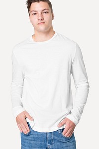 Long sleeve tee mockup psd white men’s apparel studio shoot