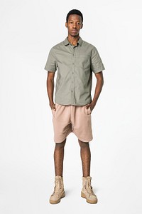 Man mockup psd wearing shirt and shorts men’s basic wear full body