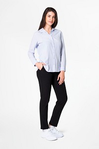 Woman mockup psd in blue blouse casual fashion full body