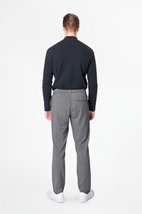 Turtleneck t-shirt mockup psd with gray slacks men&rsquo;s business wear rear view