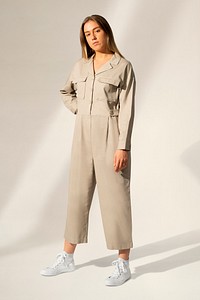 Woman mockup psd in beige jumpsuit street apparel full body