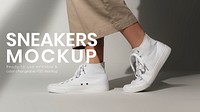 Basic white sneakers psd mockup unisex streetwear fashion shoot shoes ad