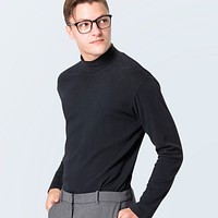 Turtleneck t-shirt mockup psd with gray slacks men&rsquo;s business wear