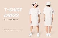 Editable t-shirt dress mockup psd white with bucket hat women’s casual wear apparel ad