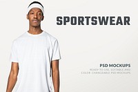 Editable white t-shirt psd mockup men’s sportswear fashion ad