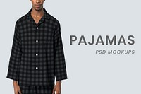 Editable black pajamas psd mockup with plaid sleepwear apparel ad