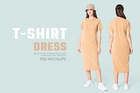 Editable t-shirt dress mockup psd beige with bucket hat women&rsquo;s casual wear apparel ad
