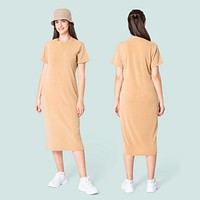 T-shirt dress psd mockup with bucket hat women’s casual wear full body