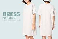 Editable t-shirt dress mockup psd white with bucket hat women’s casual wear apparel ad