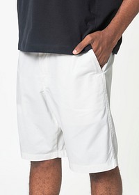Men&rsquo;s white shorts psd mockup summer fashion shoot 