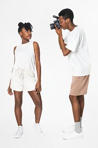 Couple mockup psd in basic loungewear tops and shorts men and women&rsquo;s fashion
