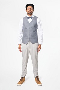 Man in gray vest suit and bow tie men&rsquo;s formal attire full body