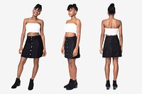 Woman mockup psd in bandeau top with black a-line skirt street style fashion full body set