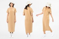 Woman mockup psd in t-shirt dress with bucket hat casual wear full body