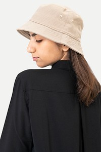 Bucket hat mockup psd woman fashion studio shoot