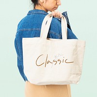 White tote bag with classic typography accessory studio shoot