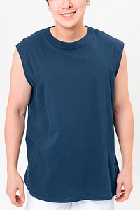 Man in blue plain tank top sleepwear apparel studio shoot