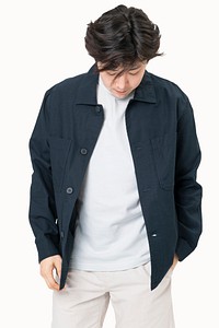 Man wearing stylish navy jacket winter apparel studio portrait