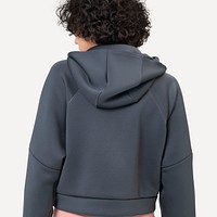 Women’s gray hoodie psd mockup winter fashion studio shoot