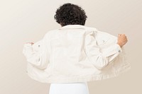 Creamy denim jacket mockup psd women&rsquo;s fashion studio shoot