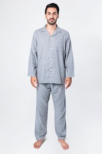 Man in gray pajamas comfy sleepwear apparel full body