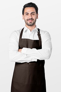 Chef wearing simple black apron studio portrait