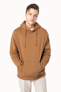 Men’s brown hoodie psd mockup winter fashion studio shoot