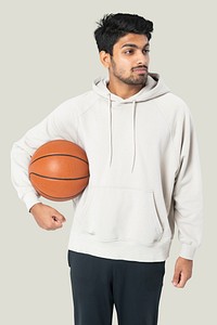 Indian basketball player in a white hoodie men&rsquo;s apparel photoshoot