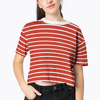 Red striped crop top psd mockup women&rsquo;s apparel shoot