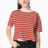 Red striped crop top psd mockup women’s apparel shoot