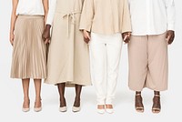 Diverse group of people wearing earth tone casual outfit for apparel ad