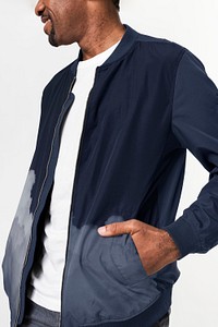 Men's navy jacket mockup psd closeup shot