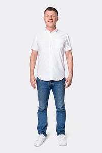 Senior man wearing white shirt with jeans