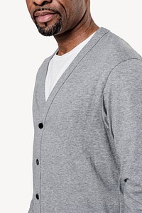 Gray cardigan mockup psd on African American man close-up