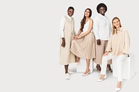 Earth tone outfit mockup psd on diverse group of people for apparel ad 